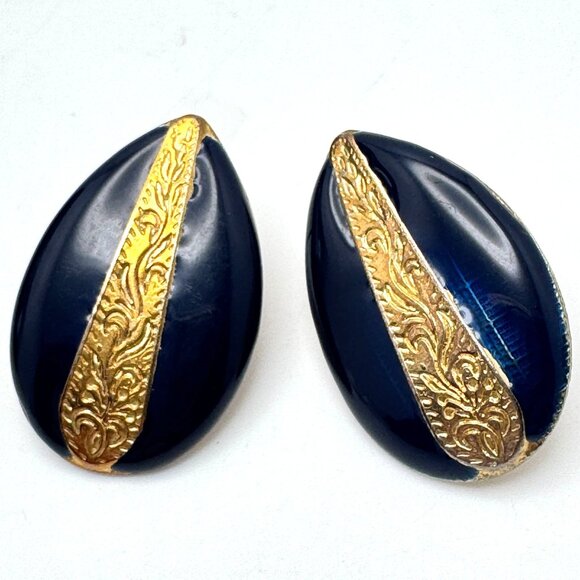 Gold & Navy Blue Vintage Teardrop Post Pierced Earrings Ornate Design 1 1/8 " - Picture 1 of 6